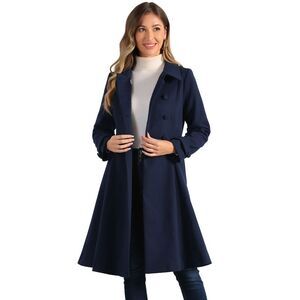 Winter Overcoat Lapel Collar Swing Double Breasted Long Coat Dark Blue